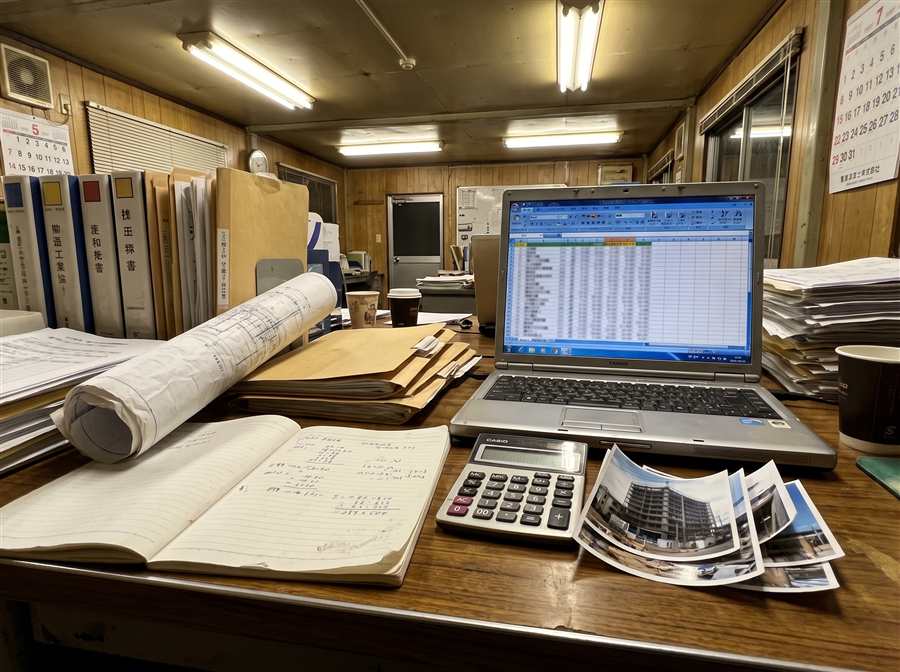 従来の施工管理（紙・野帳・Excel・写真が散在する事務所の机）